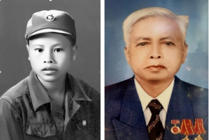 Ông Võ Tiến Trung (trái) khi lần đầu ra Bắc, năm 14 tuổi và cha đẻ là ông Võ Đức Dật. Ảnh: Tài liệu hồi ký