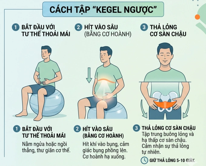 Ba bước tập Kegel ngược giúp thư giãn cơ sàn chậu. Đồ họa: NM/Gemini