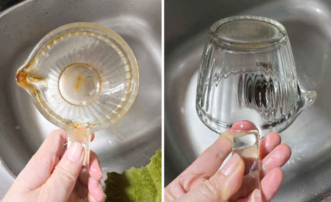Một món đồ thủy tinh trước và sau khi được đánh bằng dung dịch bột đá và nước cốt chanh. Ảnh: An Thùy