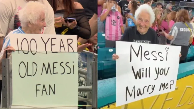 Kana gây chú ý khi cầm biển cổ vũ Messi. Ảnh: Bolavip